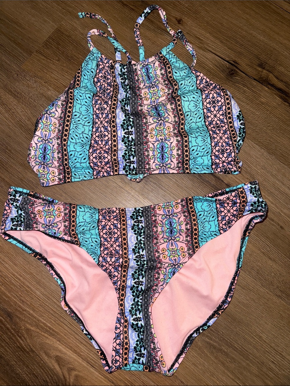 Xhilaration Pink & Aqua Patterned High-Neck Bikini Set